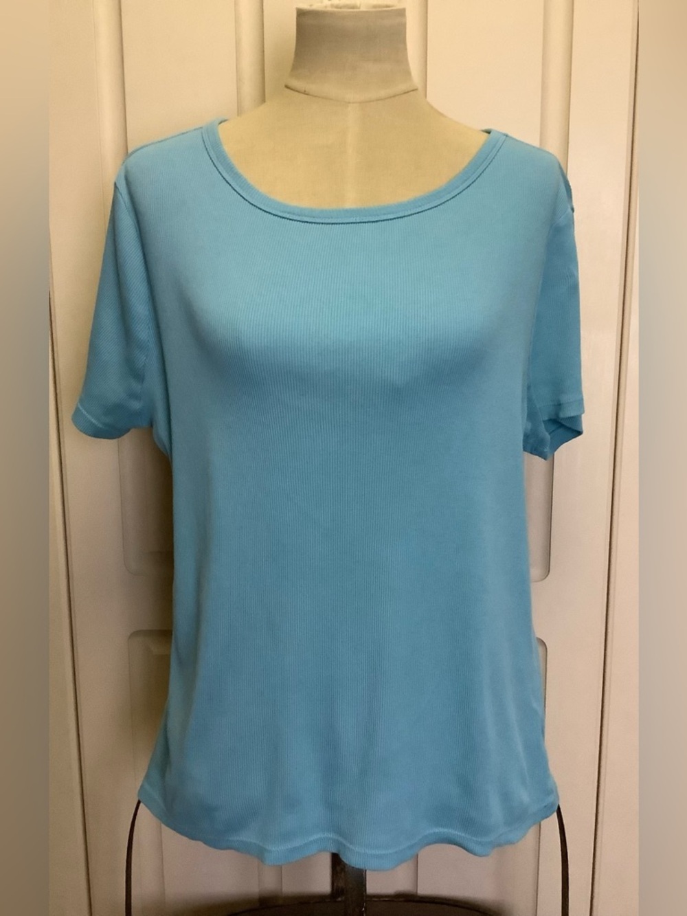 Time and Tru Ribbed Shirt Top-Aqua-Round Neck-Short Sleeve-100% Cotton-XL